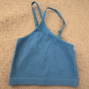 Blue Ribbed Athletic Crop Top